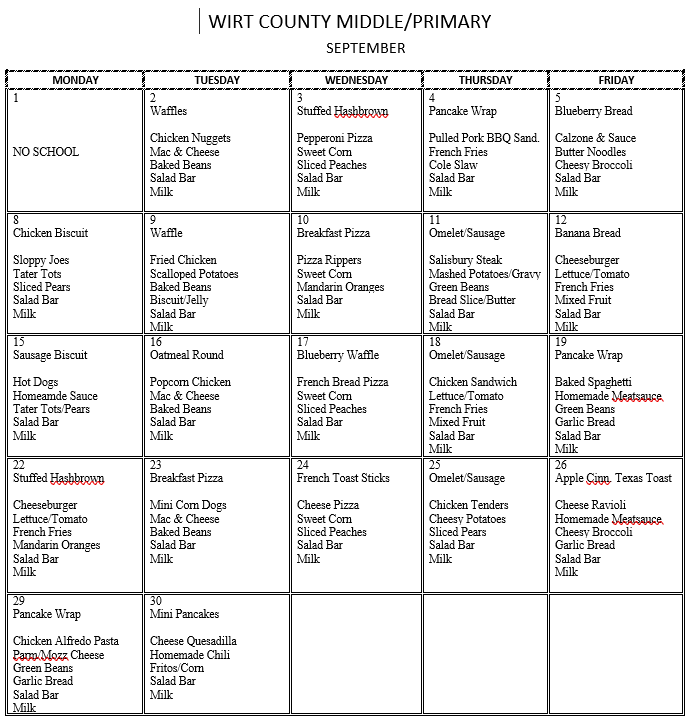 Image of September Cafeteria Menu