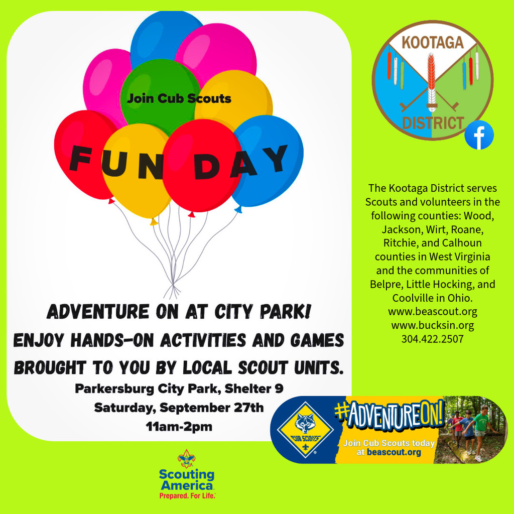 Image with balloons and information about Sept 27 event with Boy Scouts