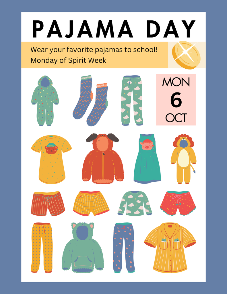 Image of pajamas for spirit week pajama day on Monday October 6