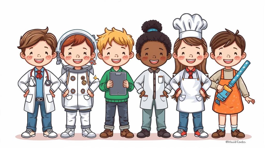 Image of cartoon children dressed in the attire of various professions