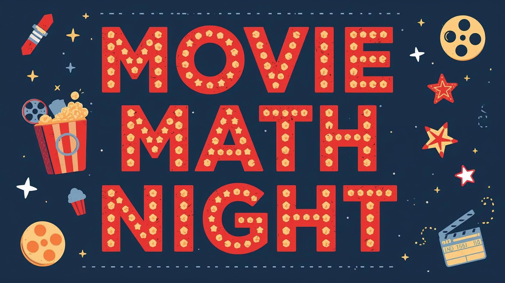 Movie Math Night Graphic with image of popcorn and movie reels