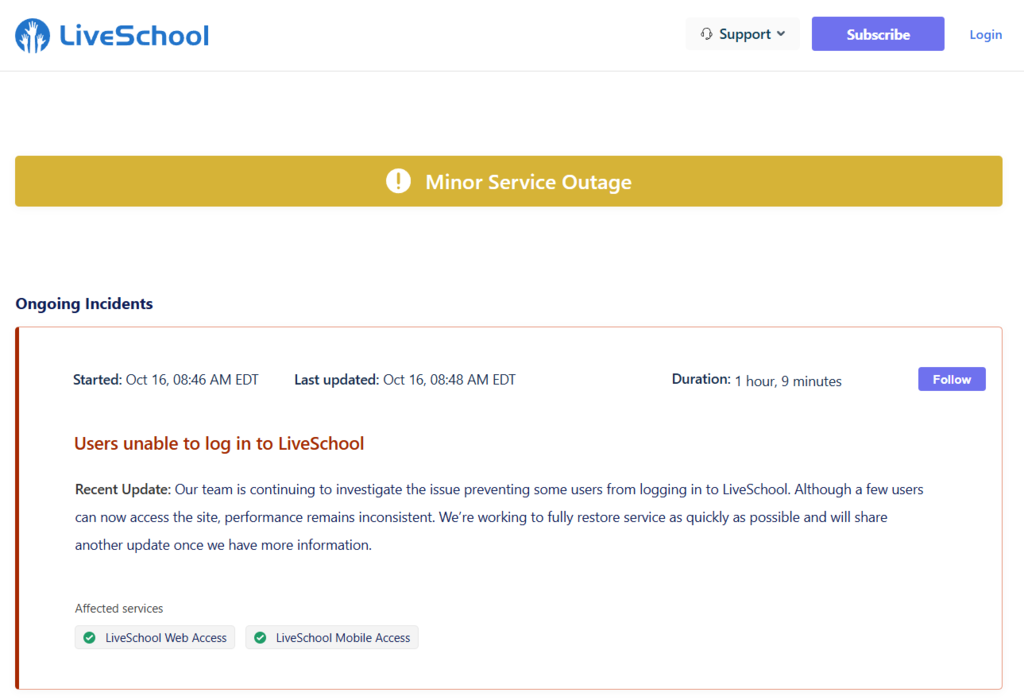 LiveSchool Outage Message image