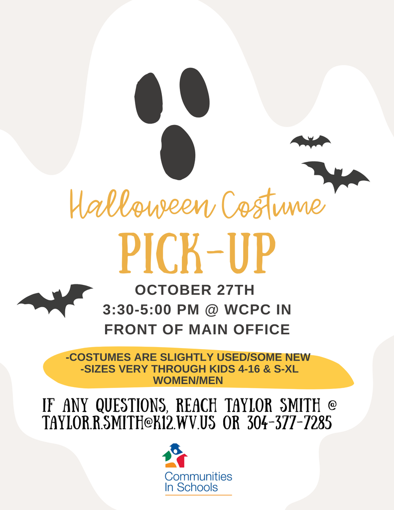 graphic of ghost with information about halloween costume pickup today at 3:30 to 5pm in front of Primary Center
