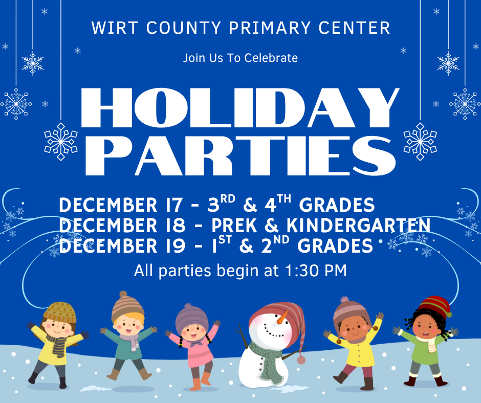 Dates of classroom holiday parties in a graphic format with children and snowman