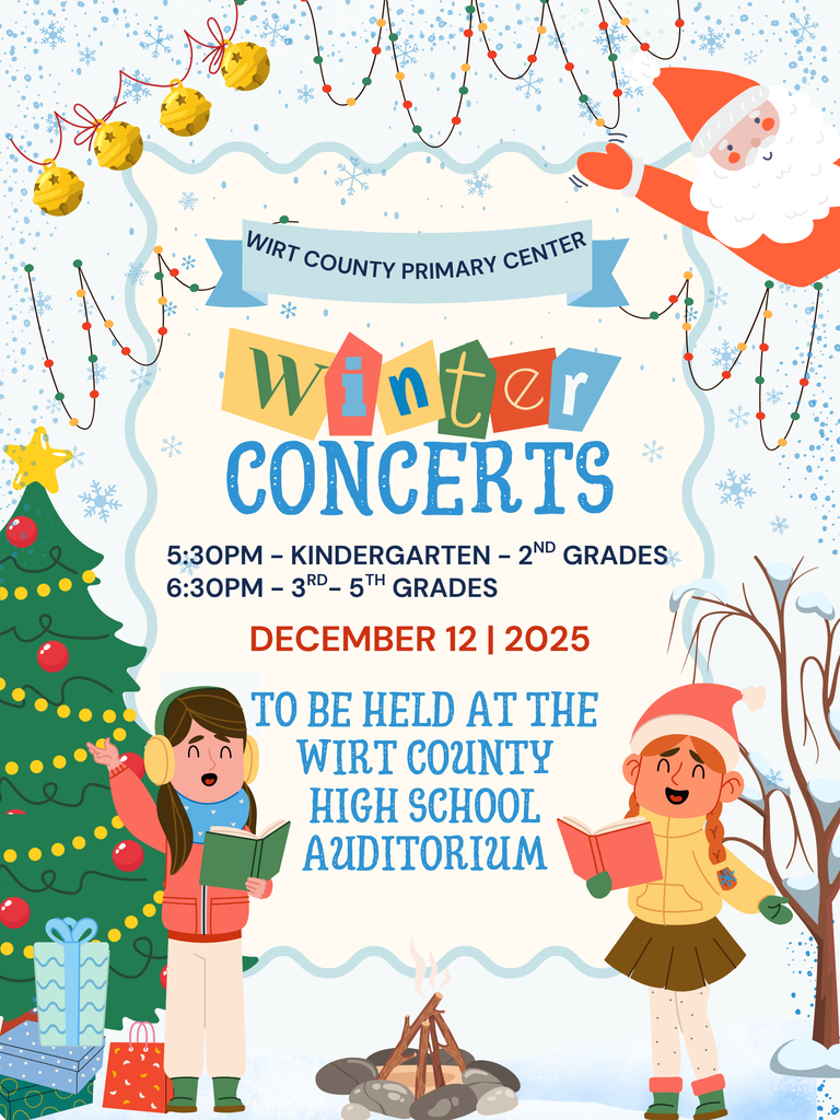 Winter Concerts information graphic with children singing outside with a campfire
