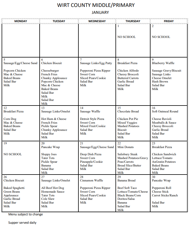 Image of January Lunch Menu