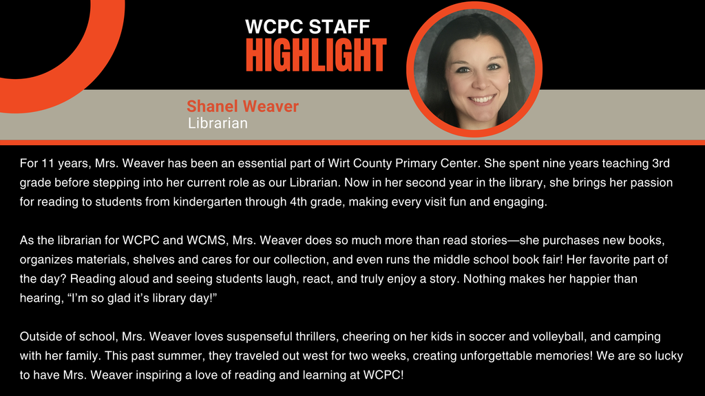 Staff highlight graphic about Shanel Weaver, school librarian