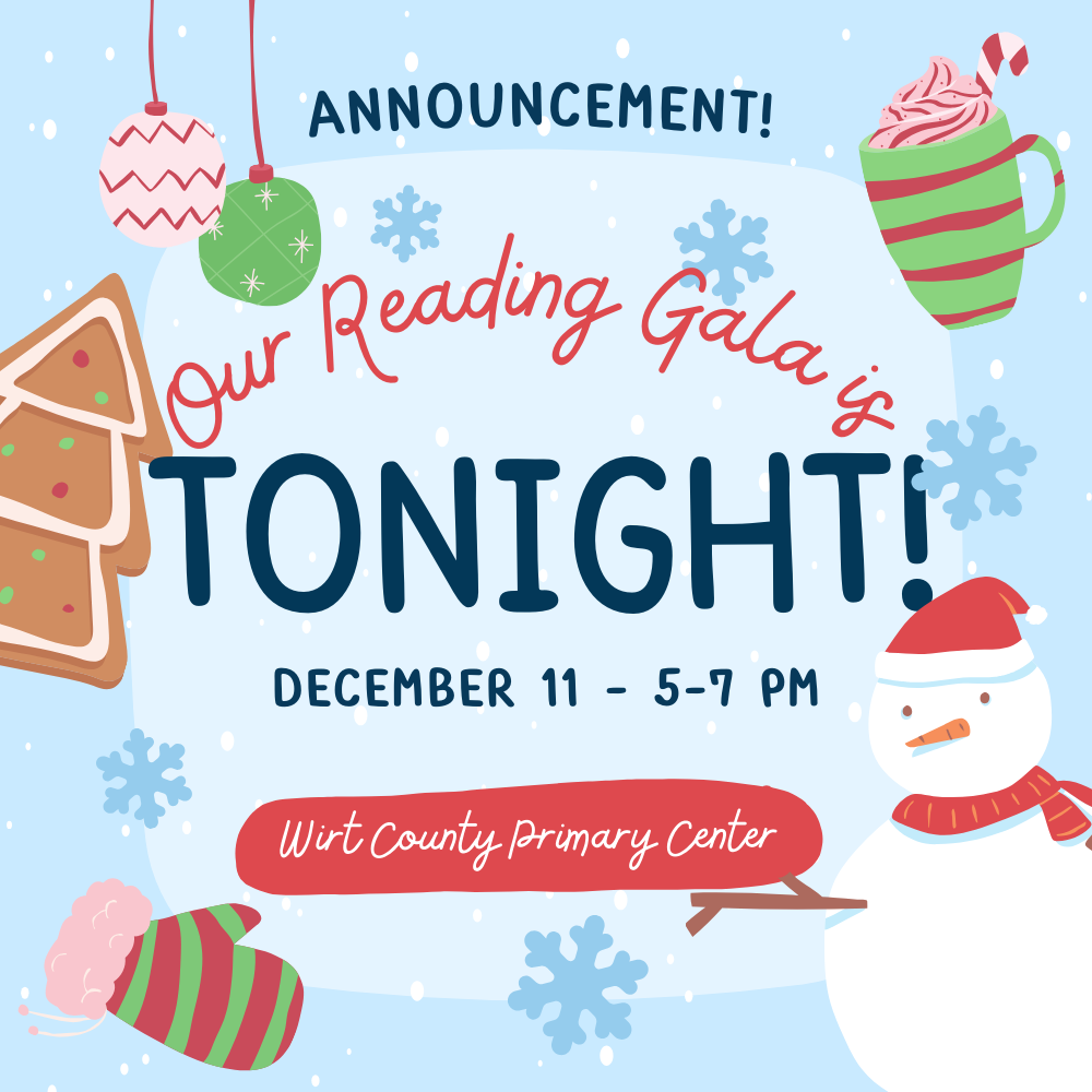 Reading Gala is December 11 from 5pm to 7pm graphic with snowman and mitten