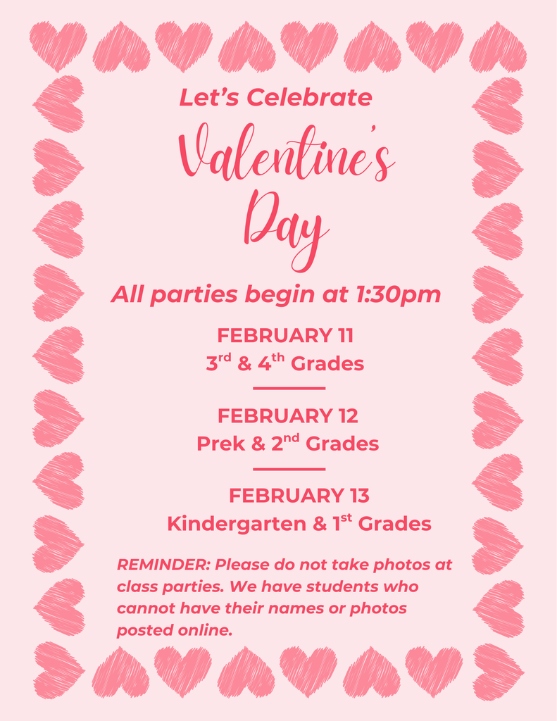Graphic with dates and time of Valentine's Day Parties