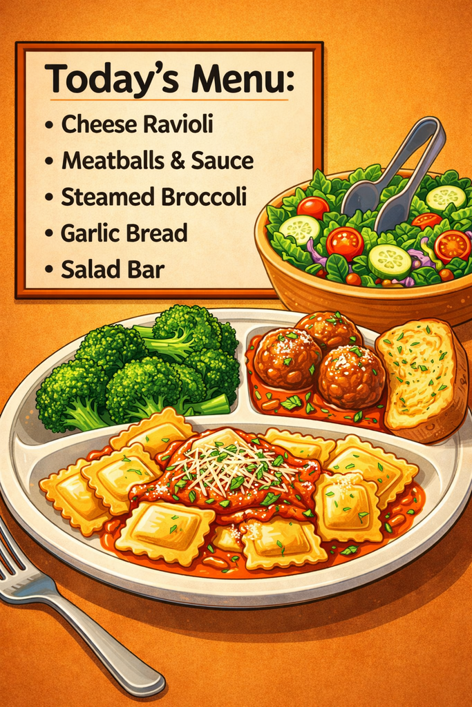image of ravioli, meatball and sauce, steamed broccoli, garlic bread and a salad