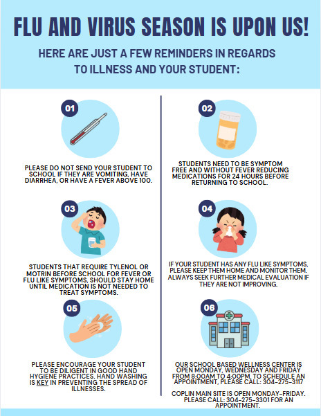 image has 6 points of information listed that are in the text of the post. The reminder is being made public due to it currently being cold and flu peak season.