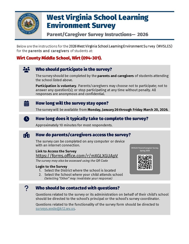 Complete text of flyer is included within the social media post. A flyer from the West Virginia Department of Education providing instructions for the 2026 School Learning Environment Survey for parents and caregivers of Wirt County Middle School students. It includes a link, a QR code, and a deadline of March 20, 2026.