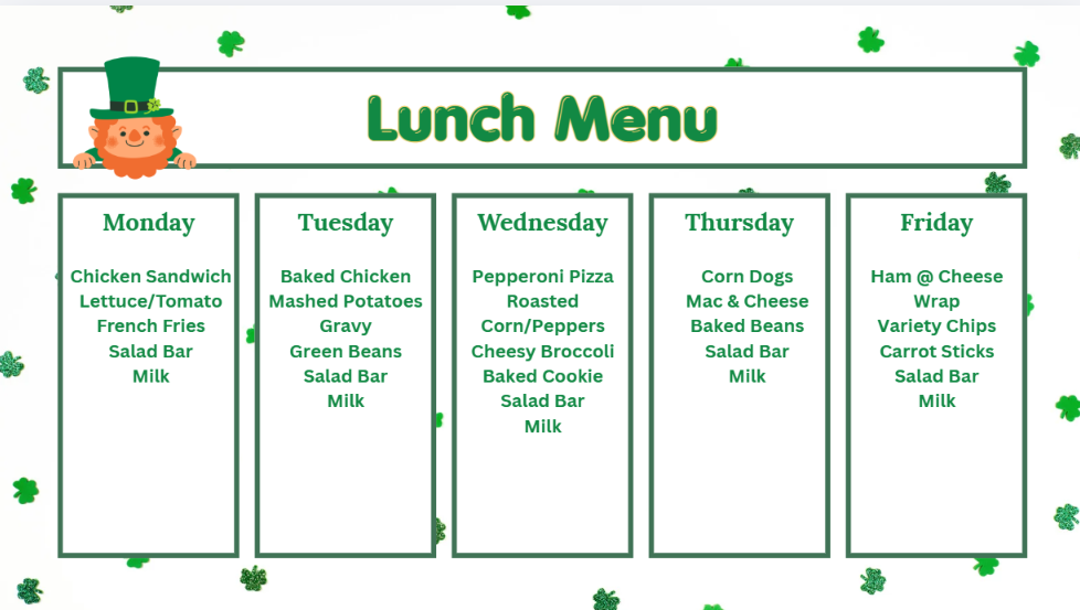March 2 - 6 Lunch Menu