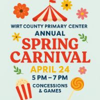 A colorful graphic with a light background features a red-and-white striped carnival tent at the top, surrounded by simple illustrated flowers. Below the tent, bold text reads: “Wirt County Primary Center Annual Spring Carnival.” The date “April 24” is displayed in bright yellow, followed by “5 PM – 7 PM” in dark blue. At the bottom, the text “Concessions & Games” appears. Decorative illustrations of popcorn, a lollipop, and small flowers are arranged around the text.