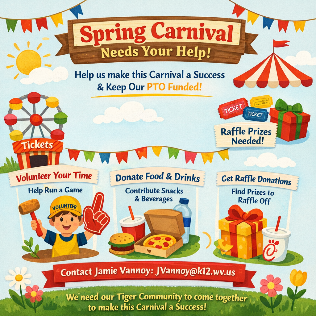 A colorful graphic with a light background features a red-and-white striped carnival tent at the top, surrounded by simple illustrated flowers. Below the tent, bold text reads: “Wirt County Primary Center Annual Spring Carnival.” The date “April 24” is displayed in bright yellow, followed by “5 PM – 7 PM” in dark blue. At the bottom, the text “Concessions & Games” appears. Decorative illustrations of popcorn, a lollipop, and small flowers are arranged around the text.