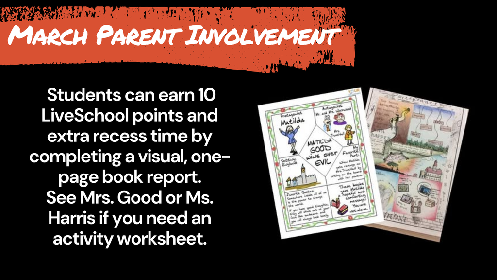 March Parent Involvement: Students can earn 10 LiveSchool points and extra recess time by completing a visual, one-page book report. See Mrs. Good or Ms. Harris if you need an activity worksheet. The image shows examples of colorful, hand-drawn visual book reports