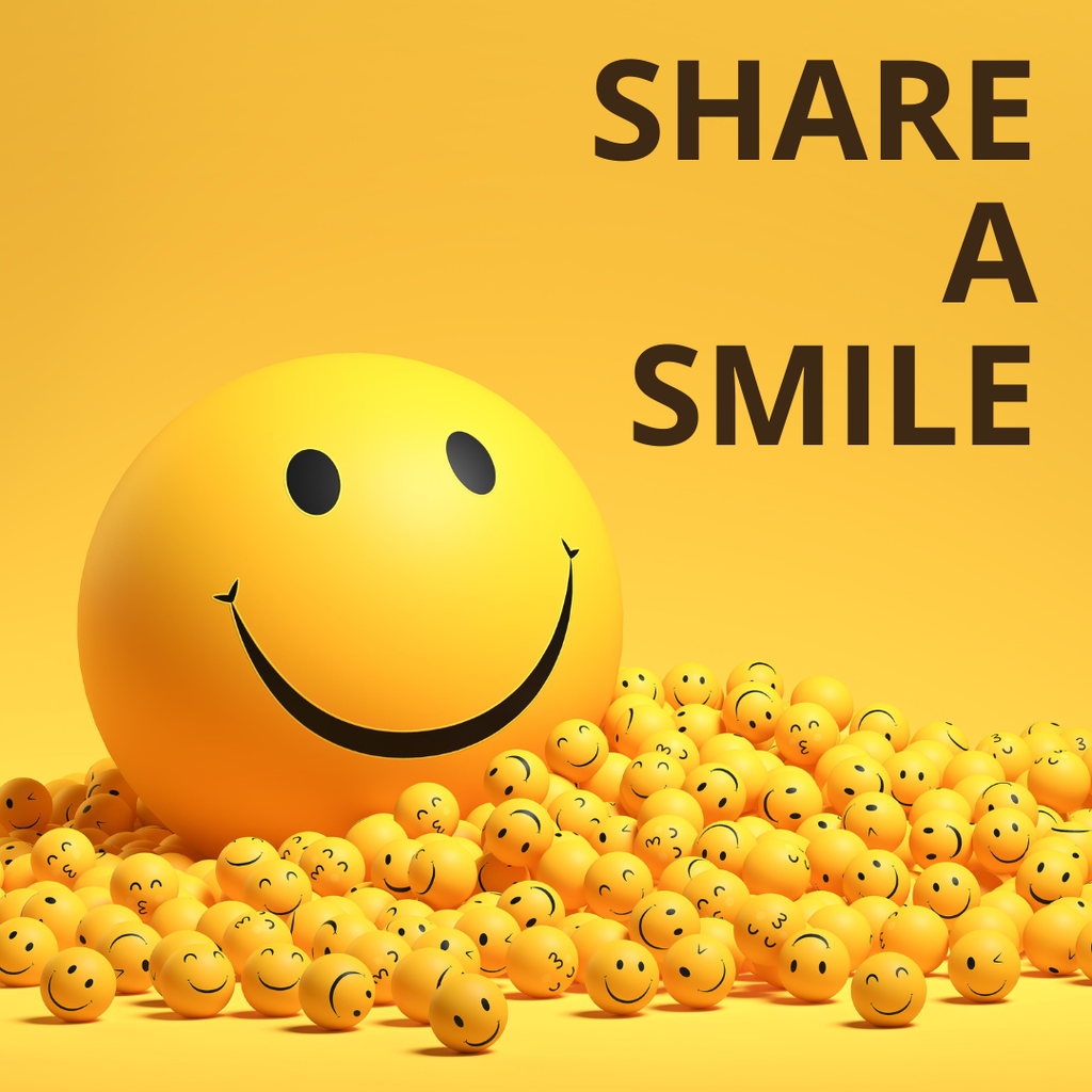 Graphic with a yellow background featuring a large smiling yellow sphere centered among many smaller yellow smiley-face spheres. Black text on the right side reads, “SHARE A SMILE.”