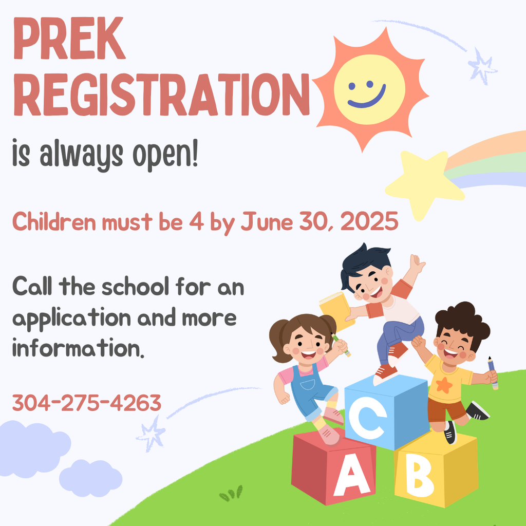 Colorful PreK registration graphic with a light background. Text reads, “PREK REGISTRATION is always open! Children must be 4 by June 30, 2025. Call the school for an application and more information. 304-275-4263.” The image includes playful illustrations of three children standing and jumping on large alphabet blocks labeled A, B, and C, along with a smiling sun, clouds, stars, and a rainbow. Provide your feedback on BizChat