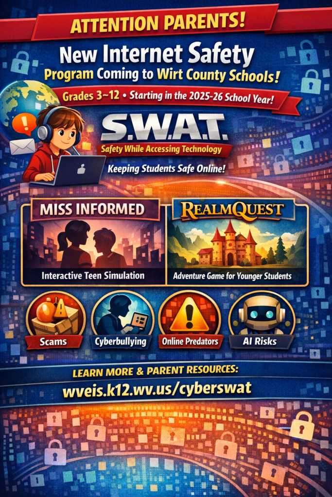 Vertical informational graphic with a blue technology-themed background and lock icons. Text reads: “Attention Parents! New Internet Safety Program Coming to Wirt County Schools! Grades 3–12, Starting in the 2025–26 School Year.” The center highlights “S.W.A.T. — Safety While Accessing Technology” with the phrase “Keeping Students Safe Online.” Two illustrated panels below are labeled “Miss Informed — Interactive Teen Simulation” and “RealmQuest — Adventure Game for Younger Students.” Along the bottom are icons labeled “Scams,” “Cyberbullying,” “Online Predators,” and “AI Risks.” A web address at the bottom reads, “wveis.k12.wv.us/cyberswat.”