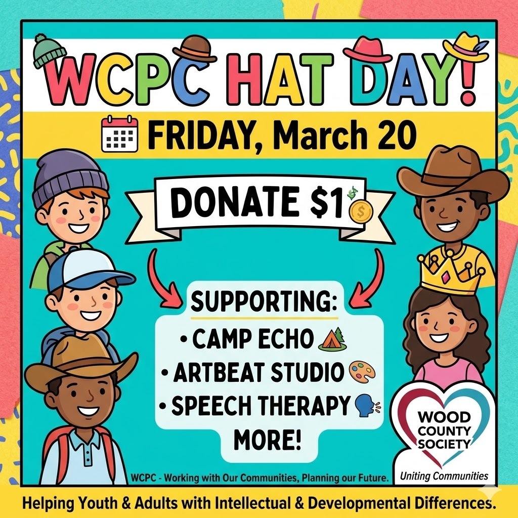 

Conversation with Gemini

You said

Write a fun social media post: WCPC will be having a Hat Day on FRIDAY, March 20. All proceeds will benefit the Wood County Society, which also serves Wirt County in helping make sure we are uniting communities and ensuring that all youth and adults with intellectual and developmental differences are recognized for their abilities. Some of the activities they support are Camp Echo, Artbeat Studio, Summer speech therapy programs, and more! We are excited to show our support to this fantastic organization! Please send $1 with your student on Friday to participate.

Gemini said

Get those fedoras, beanies, and baseball caps ready! 🎩🧢

This Friday, March 20, WCPC is hosting a Hat Day for a fantastic cause! We’re dusting off our favorite headwear to support the Wood County Society, an incredible organization dedicated to uniting our communities and celebrating the unique abilities of youth and adults with intellectual and developmental differences.

✨ Why We’re Wearing Our Hats:

Your $1 donation helps fund life-changing programs in Wood and Wirt Counties, including:

Camp Echo 🏕️

Artbeat Studio 🎨

Summer Speech Therapy 🗣️

...and so much more!

📅 The Details:

When: Friday, March 20

Cost: Just $1 per student

Goal: Show off our style and our support for an inclusive community!

Let’s see your wildest, coolest, or most creative hats, WCPC! We can’t wait to see the halls filled with headwear for a great cause. 🎓👒

#HatDay #WoodCountySociety #WCPC #InclusionMatters #CommunityStrong

Would you like me to create a quick graphic-style layout or a flyer version of this announcement that you can print out?

You said

Create a graphic to post on facebook and create an ada compliant alt test for it

Gemini said

￼

Here is the Facebook graphic for WCPC's Hat Day and the corresponding ADA-compliant alt text.

ADA Compliant Alt Text

An illustrated event flyer with a bright teal background announcing "WCPC HAT DAY! FRIDAY, March 20." The title uses playful, multi-colored lettering and is decorated with small hat icons. Large, cartoon illustrations of five smiling students wearing different hats—including a beanie, a cowboy hat, and a crown—surround a central donation banner that reads "DONATE $1" with a small coin icon. Below the donation text, a list of supported programs is shown under the heading "SUPPORTING:" with corresponding icons: "Camp Echo" (tent), "Artbeat Studio" (paint palette), "Speech Therapy" (speaking profile), and "MORE!" The bottom right features the "WOOD COUNTY SOCIETY" heart logo with the tagline "Uniting Communities." A footer reads: "Helping Youth & Adults with Intellectual & Developmental Differences."


