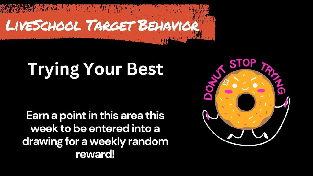 Graphic titled "LiveSchool Target Behavior" featuring the text "Trying Your Best." Below, it states: "Earn a point in this area this week to be entered into a drawing for a weekly random reward!" To the right is an illustration of a smiling doughnut character with the words "Donut Stop Trying" curved around it.