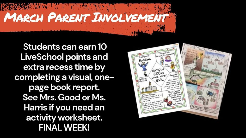 Graphic titled "March Parent Involvement" on a black background with an orange brushstroke header. The text states: "Students can earn 10 LiveSchool points and extra recess time by completing a visual, one-page book report. See Mrs. Good or Ms. Harris if you need an activity worksheet. FINAL WEEK!" To the right are two overlapping images of example book reports featuring colorful drawings and handwritten sections.