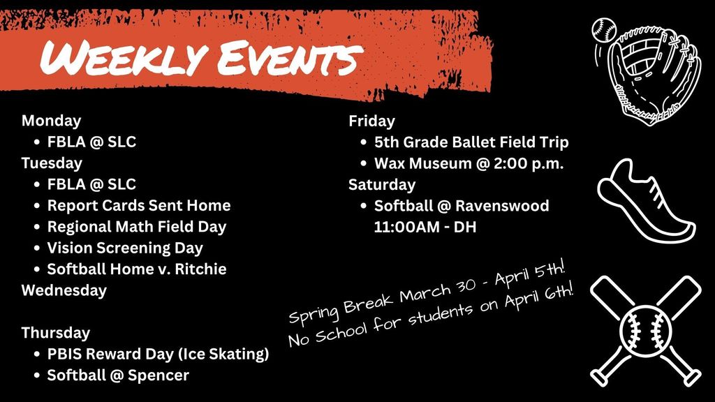Weekly Events graphic for Wirt County Middle School featuring a schedule against a black background with orange accents and sports icons. Events include FBLA at SLC (Mon-Tue), Report Cards and Regional Math Field Day (Tue), PBIS Ice Skating Reward Day and Softball at Spencer (Thu), 5th Grade Ballet trip and Wax Museum at 2:00 p.m. (Fri), and Softball at Ravenswood (Sat). A note at the bottom mentions Spring Break is March 30th – April 5th with no school for students on April 6th.