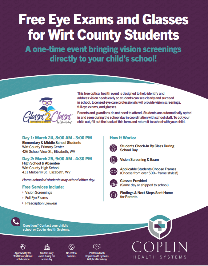 Free Eye Exams and Glasses for Wirt County Students flyer