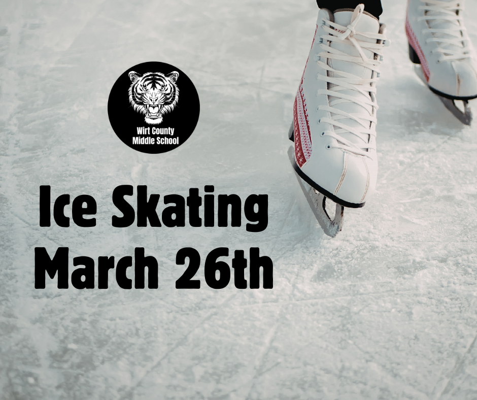 Ice Skating March 26th - Picture of skating shoes gliding across ice with the WCMS logo
