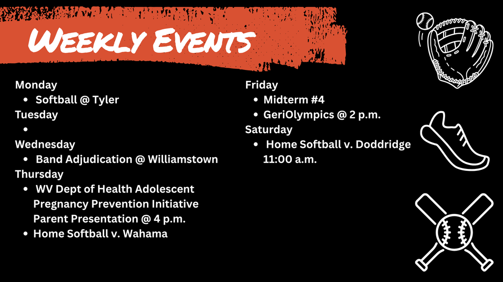 Schedule of "Weekly Events" with sports-themed icons.  Monday: Softball at Tyler.  Tuesday: No events listed.  Wednesday: Band Adjudication at Williamstown.  Thursday: WV Dept of Health Adolescent Pregnancy Prevention Initiative Parent Presentation at 4 p.m.; Home Softball vs. Wahama.  Friday: GeriOlympics at 2:00 p.m.; Midterm number 4.  Saturday: Home Softball vs. Doddridge at 11:00 a.m.