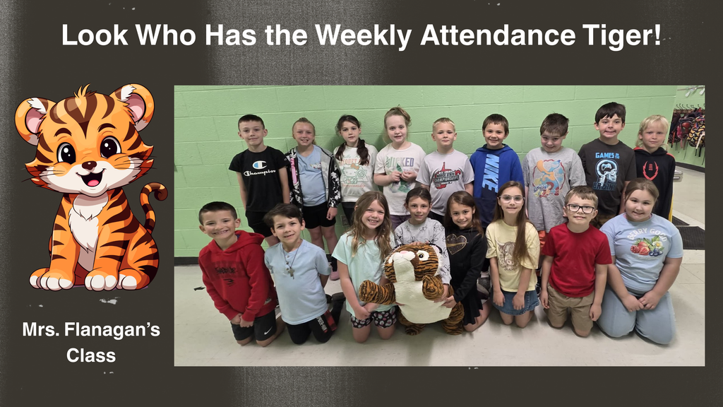 A group photo of students standing and kneeling in front of a green wall, with a plush tiger mascot placed at the center of the group. On the left side of the image is a cartoon tiger illustration. Text on the image reads, “Look Who Has the Weekly Attendance Tiger!” and “Mrs. Flanagan’s Class.”