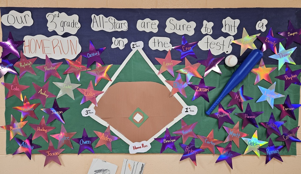 Hallway bulletin boards and classroom doors decorated with a baseball theme, featuring colorful signs, student names, and encouraging test‑taking messages such as “Cover Your Bases,” “Swing for the Fences,” and “Knock It Out of the Park” to motivate students for upcoming assessments.