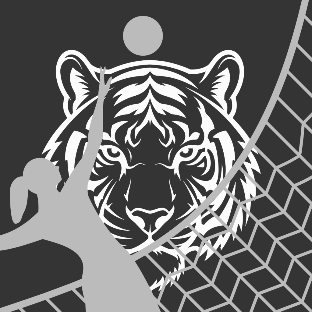 Graphic featuring a stylized tiger head overlaying a volleyball net and a silhouette of a volleyball player hitting a ball