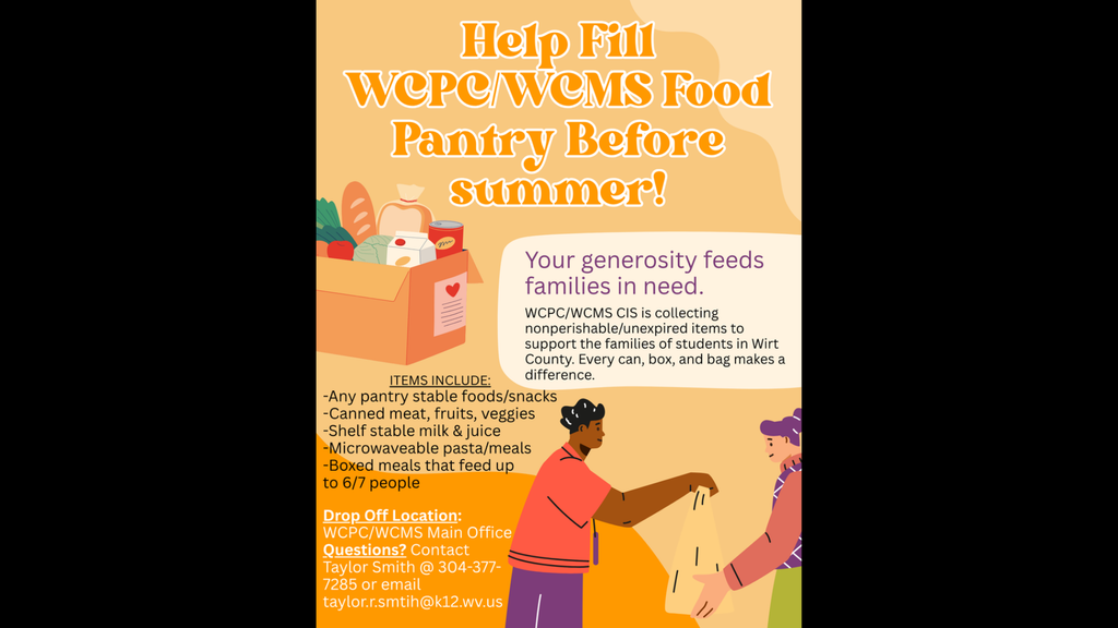For this food pantry donation flyer, the alt text should include the specific items needed, the drop-off location, and the contact person for the drive.  Here is the ADA-compliant alt text:  Food drive flyer titled "Help Fill WCPC/WCMS Food Pantry Before Summer!" WCPC/WCMS CIS is collecting nonperishable items to support Wirt County families. Needed items include: pantry stable foods/snacks, canned meat, fruits, veggies, shelf stable milk and juice, microwaveable pasta/meals, and boxed meals that feed 6-7 people. Drop off location: WCPC/WCMS Main Office. For questions, contact Taylor Smith at 304-377-7285 or taylor.r.smith@k12.wv.us. Graphic shows an illustration of two people putting a bag of groceries into a donation box.