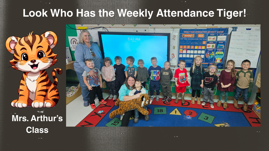  group photo shows several young students standing in a classroom on a colorful rug, with a plush Attendance Tiger mascot standing among them. A cartoon tiger illustration appears on the left side of the graphic. Text at the top reads, “Look Who Has the Weekly Attendance Tiger!” Text on the lower left reads, “Mrs. Arthur’s Class.” Provide your feedback on BizChatMake the alt text more detailed