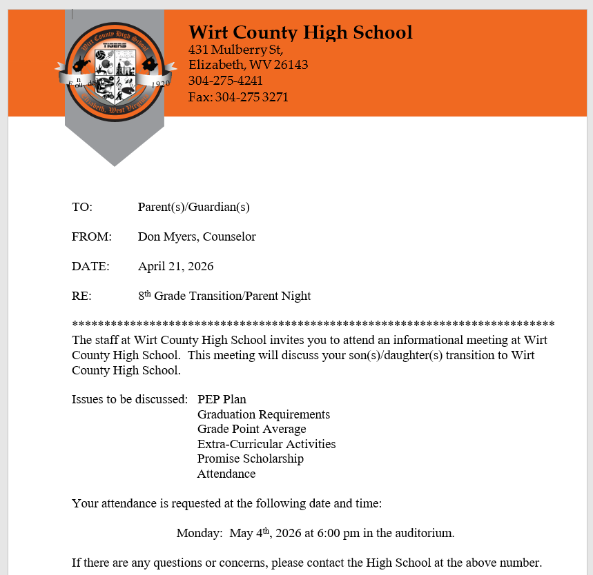 8th Grade Transition night at WCHS