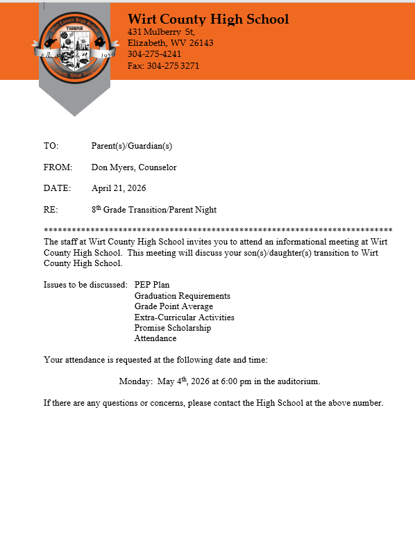 8th Grade Transition Night - May 4, 2026 at 6:00 pm