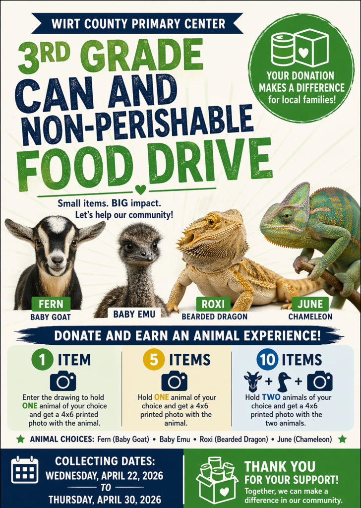Colorful flyer promoting the Wirt County Primary Center 3rd Grade Can and Non-Perishable Food Drive. Large headline reads “3rd Grade Can and Non-Perishable Food Drive.” Images show four animal choices: Fern the baby goat, a baby emu, Roxi the bearded dragon, and June the chameleon. Flyer explains donation incentives: donate 1 item for entry into a drawing to hold one animal and receive a 4x6 photo; donate 5 items to hold one animal of choice and receive a 4x6 photo; donate 10 items to hold two animals of choice and receive a 4x6 photo with both animals (if they are cooperative). Collection dates are Wednesday, April 22, 2026 through Thursday, April 30, 2026. Flyer also states donations support local families and thanks the community for supporting the food drive.
