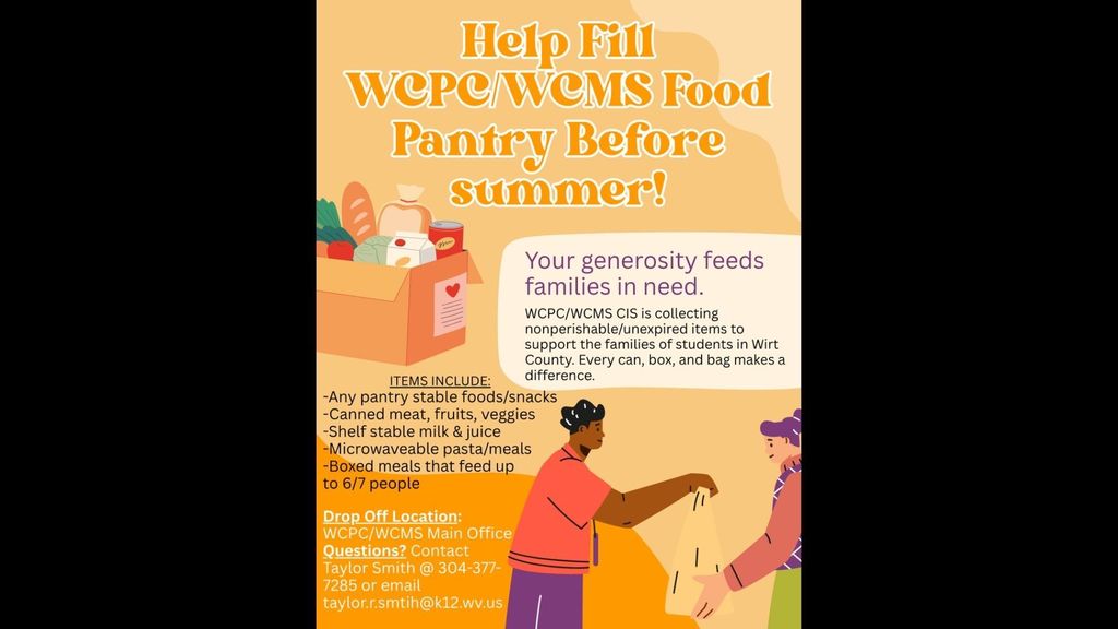 The graphic features a yellow background with an illustration of hands placing a heart-adorned box into a larger donation box filled with groceries. The text details are as follows:  Purpose: WCPC/WCMS CIS is collecting nonperishable/unexpired items to support the families of students in Wirt County.  Items Needed: * Any pantry stable foods/snacks.  Canned meat, fruits, and veggies.  Shelf stable milk and juice.  Microwaveable pasta/meals.  Boxed meals that feed up to 6/7 people.  Drop Off Location: WCPC/WCMS Main Office.  Contact Information: For questions, contact Taylor Smith at 304-377-7285 or via email at taylor.r.smith@k12.wv.us.