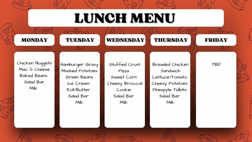 he graphic features an orange background with sketches of food items (burgers, tacos, pizza). The menu items for the week are:  Monday: Chicken Nuggets, Mac & Cheese, Baked Beans, Salad Bar, and Milk.  Tuesday: Hamburger Gravy, Mashed Potatoes, Green Beans, Ice Cream, Roll/Butter, Salad Bar, and Milk.  Wednesday: Stuffed Crust Pizza, Sweet Corn, Cheesy Broccoli, Cookie, Salad Bar, and Milk.  Thursday: Breaded Chicken Sandwich, Lettuce/Tomato, Cheesy Potatoes, Pineapple Tidbits, Salad Bar, and Milk.  Friday: TBD (To Be Determined).