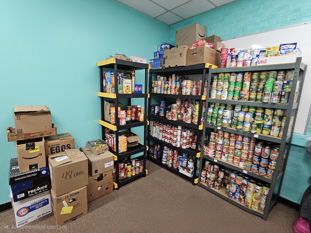 Shelves filled with neatly organized canned goods, boxed foods, and food donations in a school food pantry, with additional boxes of items stacked on the floor nearby.