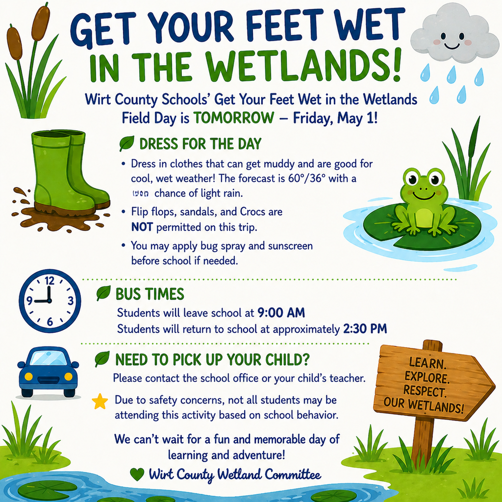 Colorful, elementary‑style informational poster titled ‘Get Your Feet Wet in the Wetlands!’ announcing Wirt County Schools’ Get Your Feet Wet in the Wetlands Field Day, happening tomorrow, Friday, May 1. The poster includes friendly illustrations of cattails, green rain boots in mud, a smiling rain cloud with raindrops, a frog sitting on a lily pad, a clock, a car, grass, and a wooden sign that reads ‘Learn. Explore. Respect. Our Wetlands!’ Text explains the dress code, instructing students to wear clothes that can get muddy and are appropriate for cool, wet weather, with a forecast of 60 degrees high and 36 degrees low and a 50 percent chance of light rain. It states that flip flops, sandals, and Crocs are not permitted and that bug spray and sunscreen may be applied before school. Bus times are listed as leaving school at 9:00 a.m. and returning around 2:30 p.m. The poster also instructs families to contact the school office or teacher if a child needs to be picked up and notes that not all students may attend due to safety concerns. The poster ends with a message about looking forward to a fun learning day and is signed by the Wirt County Wetland Committee.