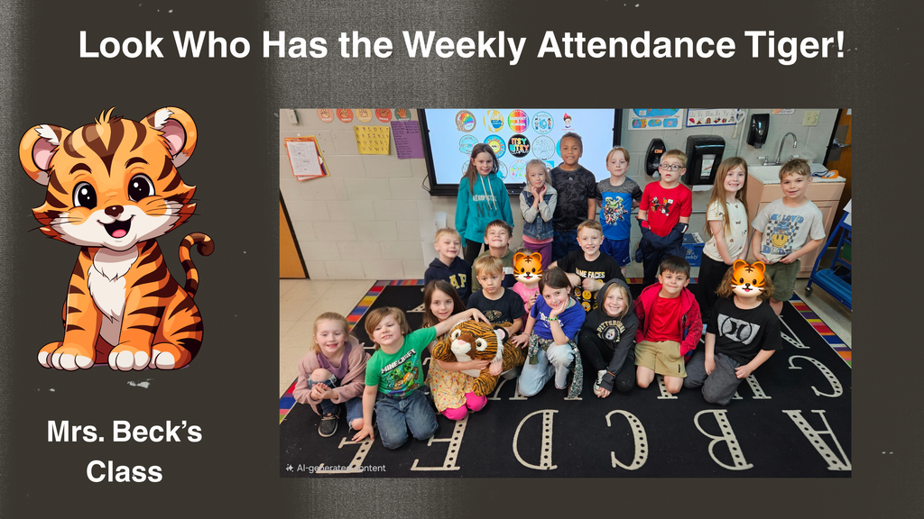 A classroom photo showing the Attendance Tiger mascot with a group of elementary students seated and standing together on a classroom rug. A poster graphic on the left reads, “Look Who Has the Weekly Attendance Tiger!” and “Mrs. Beck’s Class.” The students are gathered closely around a plush tiger, celebrating their weekly attendance recognition.