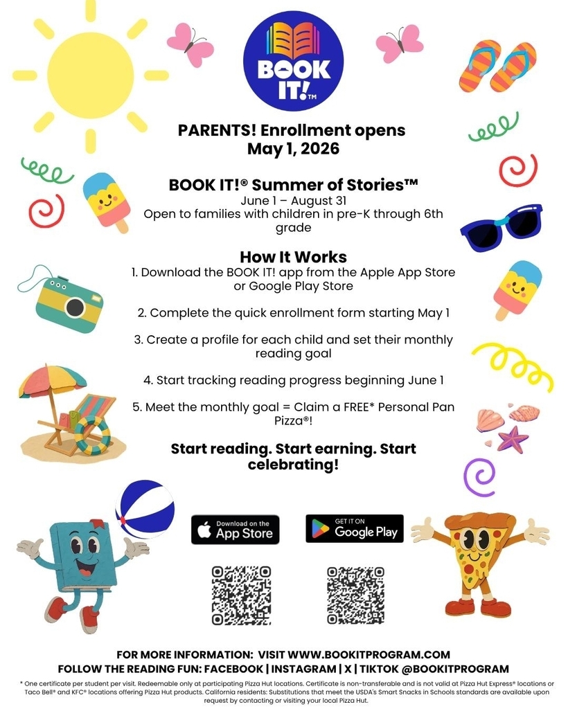 graphic containing details of summer BOOK IT! program with QR codes to apps.