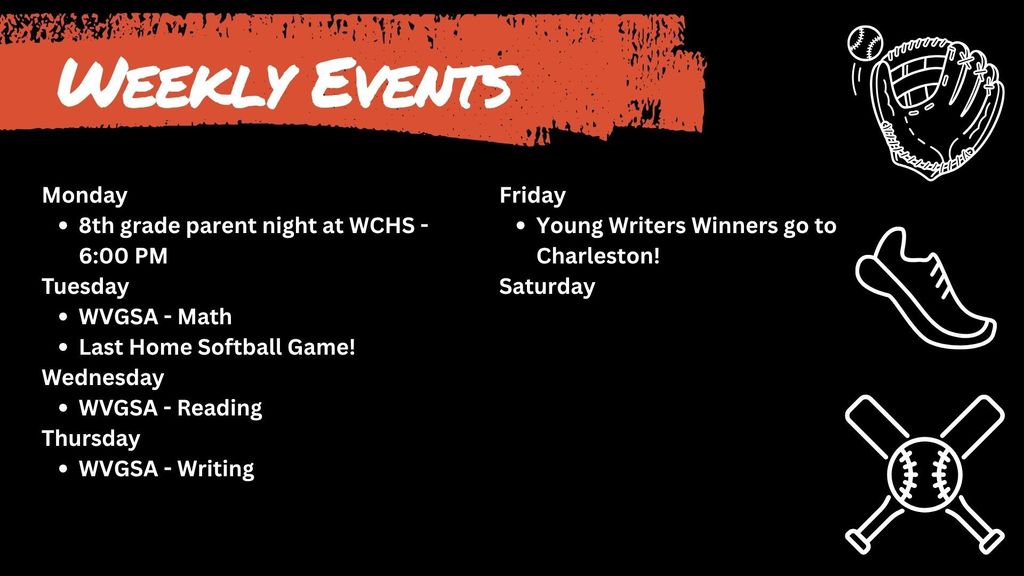 Weekly Events schedule for Wirt County Middle School. Monday: 8th grade parent night at WCHS at 6:00 PM. Tuesday: WVGSA Math and last home softball game. Wednesday: WVGSA Reading. Thursday: WVGSA Writing. Friday: Young Writers winners go to Charleston. Graphic includes baseball and softball icons.