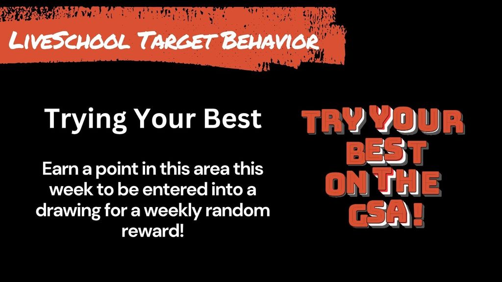 LiveSchool Target Behavior of the Week: Trying Your Best. Students who demonstrate this behavior will be entered into a weekly random reward draw.