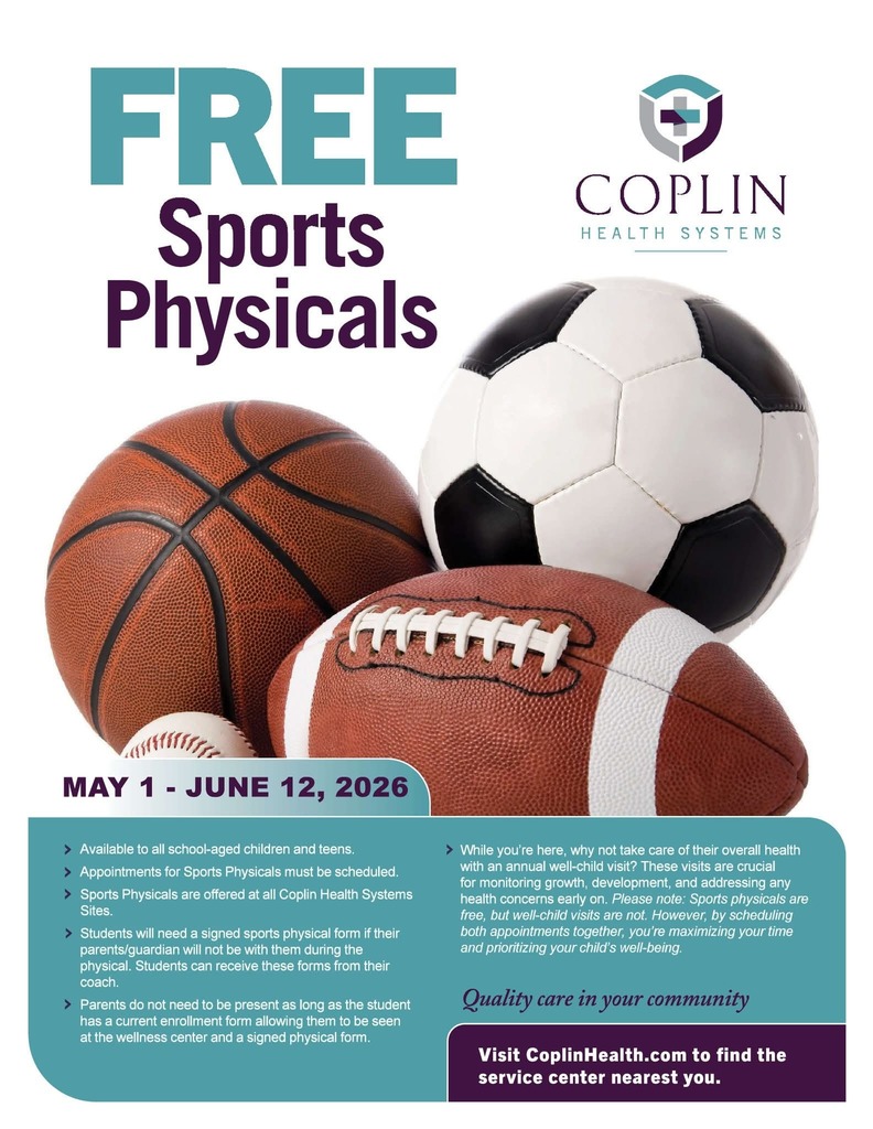 May 1 to June 12 Free Sports Physical provided by Coplin Health Systems. Football, basketball and soccer ball on the image.