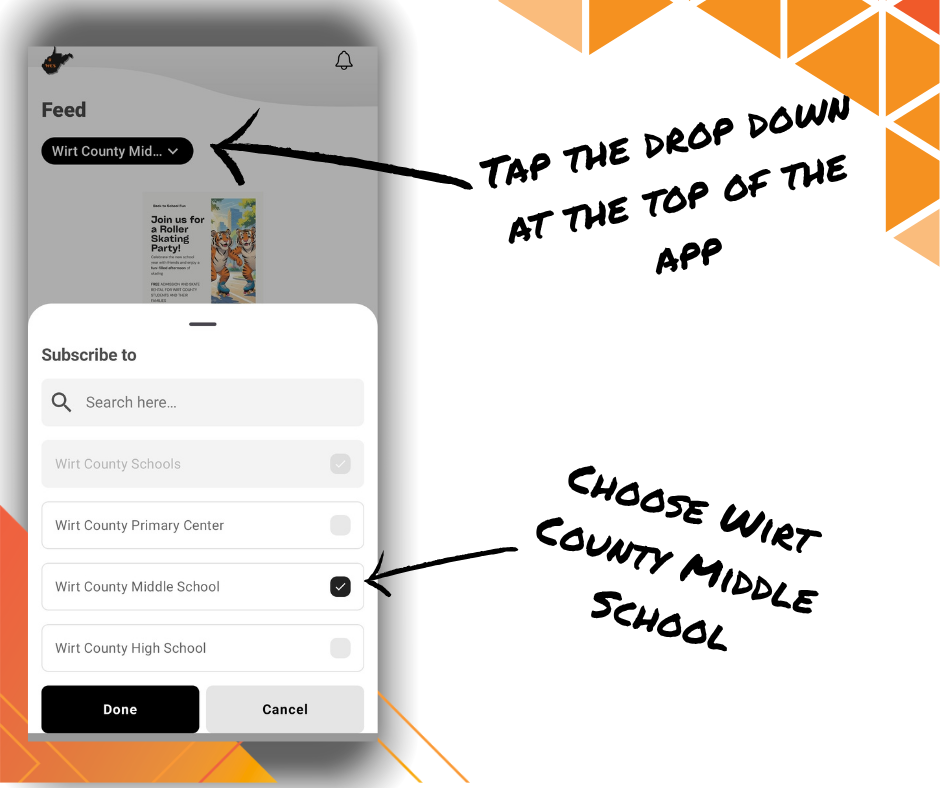 "Instructional graphic showing the Wirt County Schools app interface with arrows pointing to the dropdown menu and the checkbox for Wirt County Middle School to enable notifications