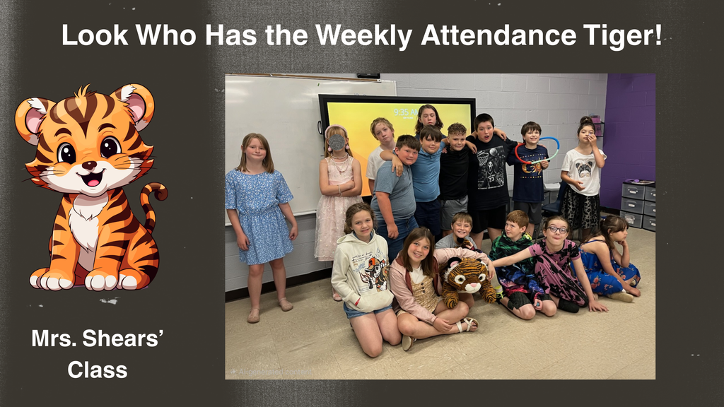 A classroom scene shows a group of elementary students gathered together in front of a whiteboard and a large display screen. Some students are standing while others are sitting on the floor. A plush tiger, representing the Attendance Tiger, is placed near the front with the group. The students are arranged closely together, with arms around one another in some cases, creating a lively and energetic group pose. The classroom includes a whiteboard, a screen displaying a clock time, and typical classroom furniture. On the left side of the image is a large graphic of a cartoon tiger and text that reads, “Look Who Has the Weekly Attendance Tiger!” and “Mrs. Shears’ Class.”