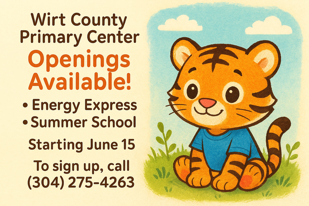 A bright, elementary-themed flyer featuring a smiling cartoon tiger cub wearing a blue shirt, sitting on grass with a soft sky background. The text reads: “Wirt County Primary Center. Openings Available! Energy Express. Summer School. Starting June 15. To sign up, call (304) 275-4263.” The design uses warm, friendly colors and large, easy-to-read lettering suitable for young families. 